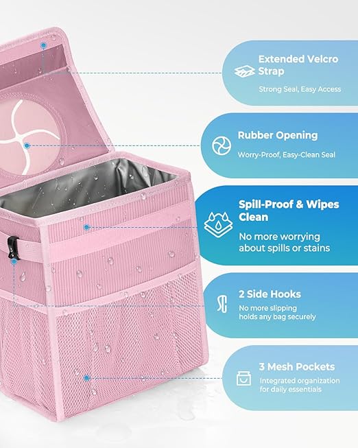 Corduroy Car Trash Can with Lid and Mesh Pockets - Leakproof Organizer,Multipurpose Waterproof Garbage Can/Trash Bin for Car(Light Pink-3 Gallons)