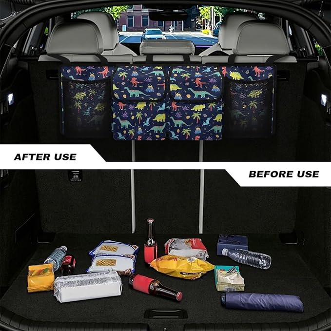 Cartoon Dinosaur Trunk Hanging Organizer Backseat Bag with 4 Pockets & 3 Adjustable Straps for Groceries Collapsible Storage Container Car Interior Accessories