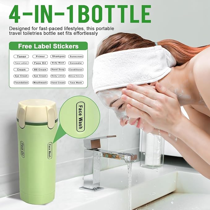Leak Proof Travel Bottles 4 Pack 30ML, Refillable Toiletry Containers with Scale & Label, Clear Portable Dispenser for Shampoo Conditioner Lotion Cream Body Wash(Green)