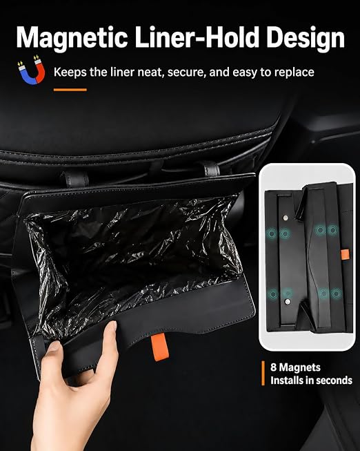 Leather Car Trash Can, Leakproof Car Garbage Can Storage Pocket, Magnetic Liner-Hold, Waterproof Faux Leather Car Trash Bin with Metal Hooks, Odor-Lock Hanging Car Trash Bin for SUV, Sedan, Truck