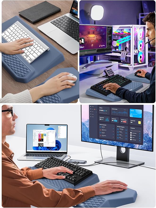 3-in-1 Ergonomic Keyboard Stand with Wrist Rest & Mouse Pad Set, Comfy Keyboard Riser Holder Soft Mousepad with Massage Design, Memory Foam and Non-Slip PU Base for Pain Relief, Blue