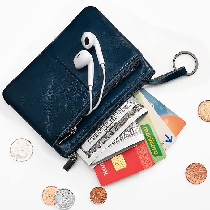 Dark Blue Genuine Leather Multi-Functional Wallet - Compact Card Holder, Coin Purse & Key Organizer with 3 Zippers, Built-in Key Ring, Perfect for Travel, Work & Daily Use