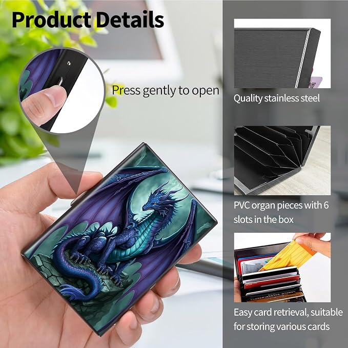 Metal Wallet, Credit Card Holder for Women Men Girls, RFID Blocking Aluminum Wallet Slim Hard Case, Mini Travel Wallet, ID Card Holder Business Card Case,Dragon