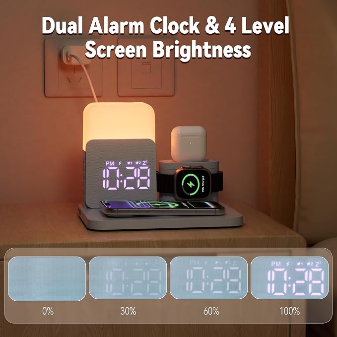 7 in 1 Wireless Charging Station, Magnetic 25W Fast Charger with Alarm Clock & Night Light, Bedside Charging Stand for iPhone 17 16 15 14 13 12 Pro Max, Apple Watch, AirPods, Bedroom