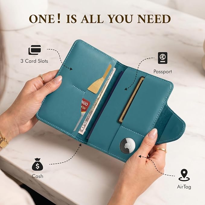 ALLIVE Passport Holder for Travel with Built-in AirTag Slot, Genuine Leather Passport Wallet Must Haves Travel Accessories, Rfid Blocking Passport Cover Case for Women and Men (Lake Blue)