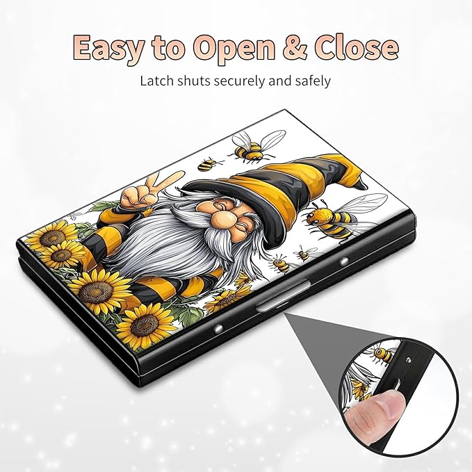 Slim Credit Card Holder, Bee Dwarf Sunflower RFID Blocking Metal Wallet for Men & Women, Aluminum Minimalist Hard Case Pocket-Sized Business Cards Organizer (Fits Up to 10 Cards)