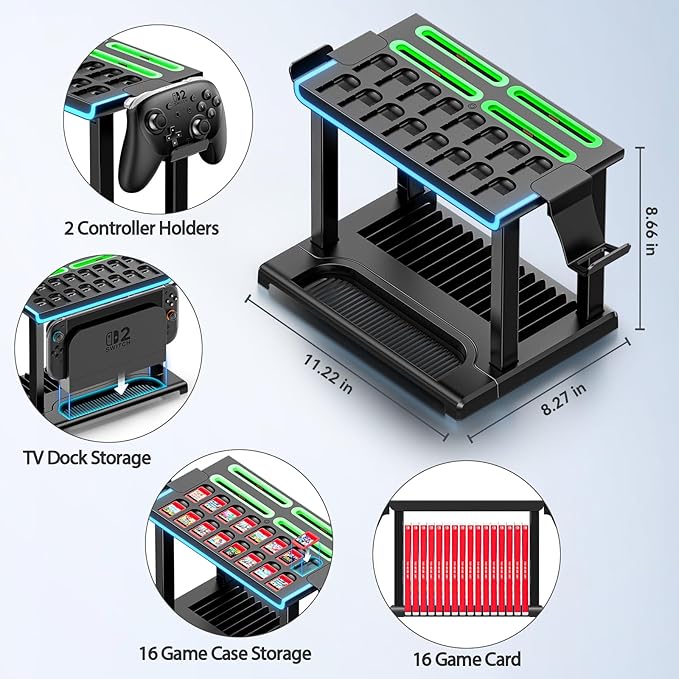 Switch 2 RGB Organizer Station with Controller Charging Dock, Switch 2 Storage Stand, Joycon 2 Charger, Gaming Accessories Holds TV Dock, 16 Game Cases, 16 Game Cards and 2 Pro Controllers