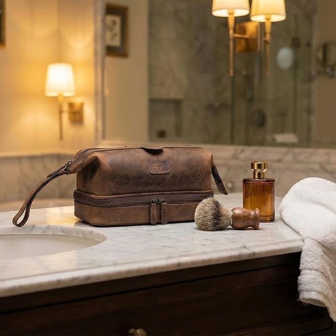 LEATHER VILLAGE Genuine Leather Dopp Kit – Large Travel Toiletry Bag with Waterproof Lining, Dual-Zip Design for Men & Women, Organizer for Shaving, Makeup & Essentials - Brown