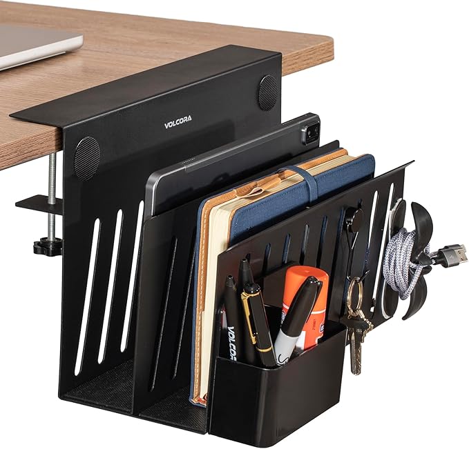 Volcora Side Storage, Under Laptop Holder, No Drill Organizer with Magnetic Pen Box, Cable Clamp, Hanging Organizer, Desk Mount File Holder for Office and Home, 2 Tier Black