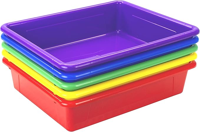 Storex Letter Size Flat Storage Tray – Organizer Bin with Non-Snap Lid for Classroom, Office and Home, Assorted Colors, 5-Pack (62534A05C)