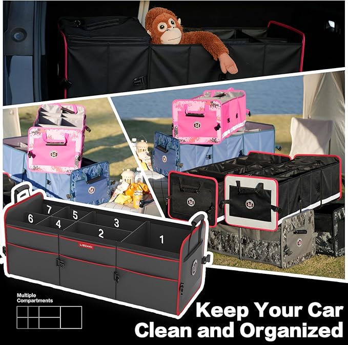 LIBZAKI Car Trunk Organizer,3 Compartments Big Trunk Storage, Large Capacity, Foldable, 95L Heavy Duty Storage Box for Car, SUV, Truck,Jeep, Includes 26L Cooler Bag-Black