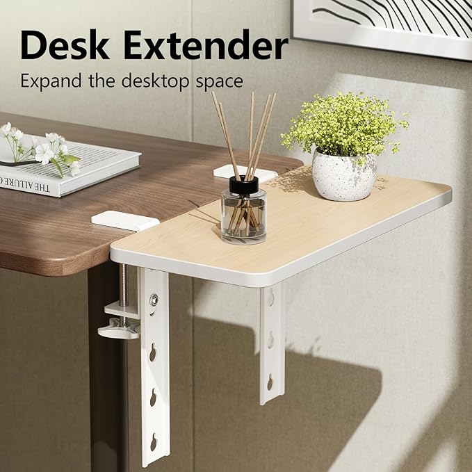3 in 1 Clamp-on 15.7"×7.5" Desk Extender, Heavy-Duty Side/Top Desk Organizer Shelf, Adjustable Desktop Storage for Office Accessories, Monitor and Laptop Riser, Light Wood