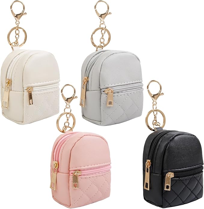 AIBFRID 4Pcs Mini Backpack Keychain,Cute Cosmetic Bag for Women Mother's Day,PU Leather Makeup Bag Key Pocket Lipstick Bag Card Holder Data Cable Organizer Zipper Pouch (black beige pink gray)
