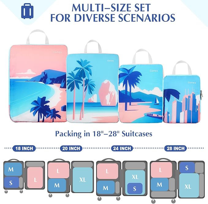 Gonex Compression Packing Cubes, 4pcs Expandable Storage Travel Luggage Bags Organizers, Travel Cubes for Suitcase Carry On (Coconut Palm)