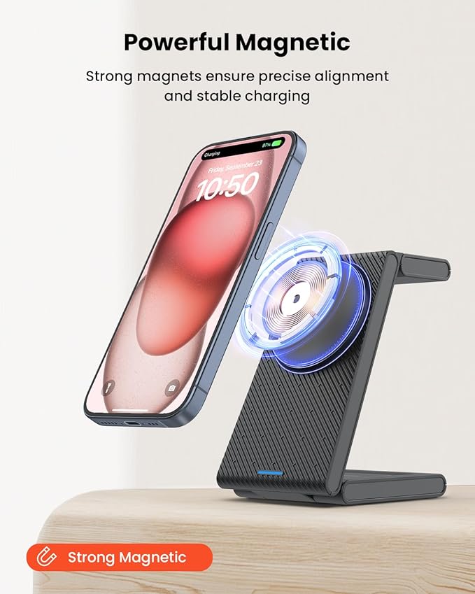 GEEKERA 3 in 1 Wireless Charging Station for Magsafe, Foldable Magnetic Wireless Charger Stand for Multiple Devices, Wireless Charger for iPhone 17 16-12 Series, Apple Watch 11-2, AirPods 4/3/2/Pro