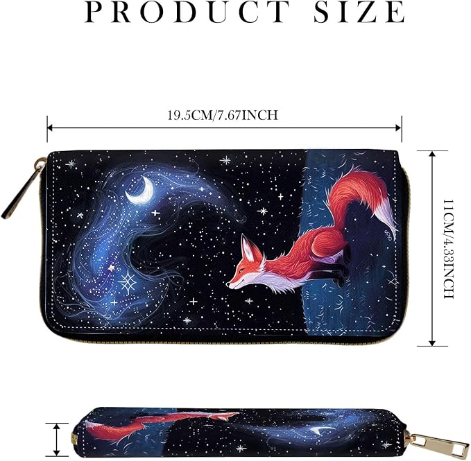 RFID-Blocking Zip Around Wallets for Women with Detachable Wrist Strap,Large Capacity Phone Holder with Card Organizer & Coin Pocket,Fox Moon Starry Sky