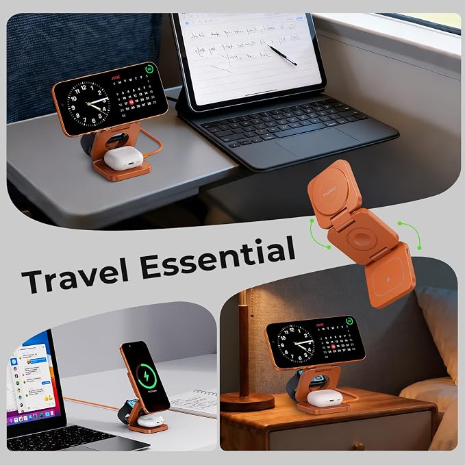 KU XIU QI 2.2 25W 3-in-1 Charging Station for Apple Device, Foldable Magnetic Charger for iPhone 17/16, 5W for Apple Watch & AirPods, Fast Travel Wireless Charging Stand with 45W Adapter