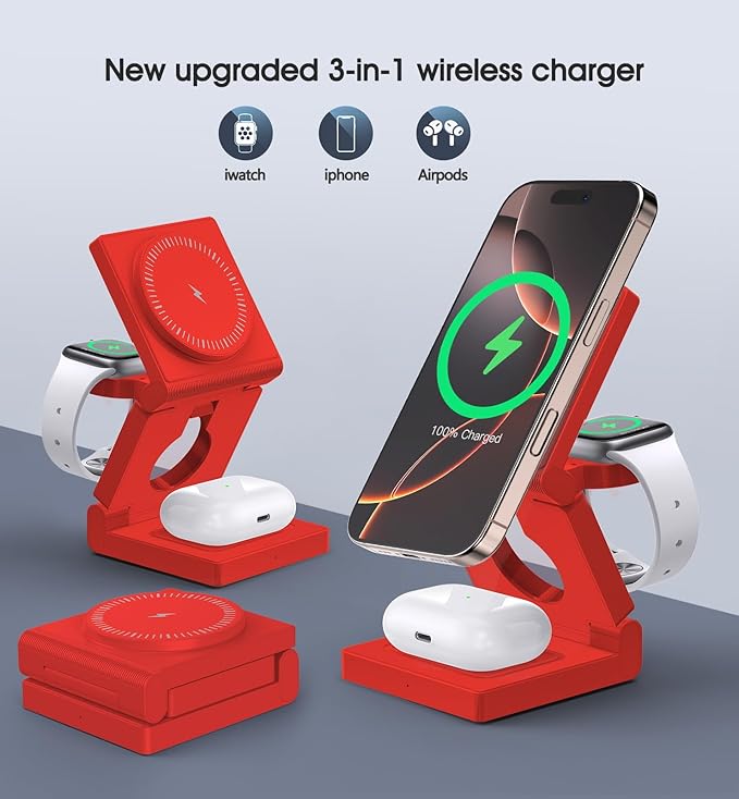3 in 1 Wireless Charging Station for Apple Multple Devices - Foldable Magnetic Wireless Charger Dock -Travel 18W Charging Pad for iPhone 16 15 14 13 12 Pro/Pro Max/Plus/Watch & Airpods All Series Red