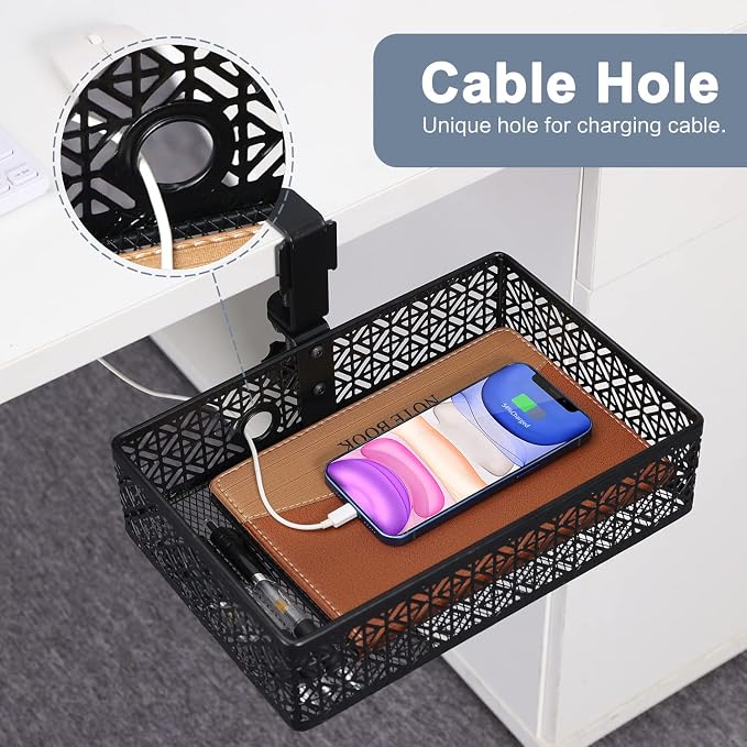 Black Modern Under Desk Drawer Organizer Clip-on Cup Holder & Phone Holder