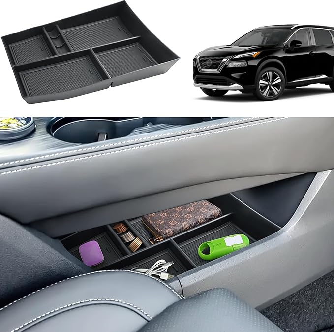 2021-2026 Rogue Center Console Organizer Lower, for Nissan Rogue (S/SV/SL/Platinum/Rock Creek/Dark Armor), Durable ABS &Anti-Slip Rubber Console Tray Insert 2026 2025 Rogue Accessories (Black)