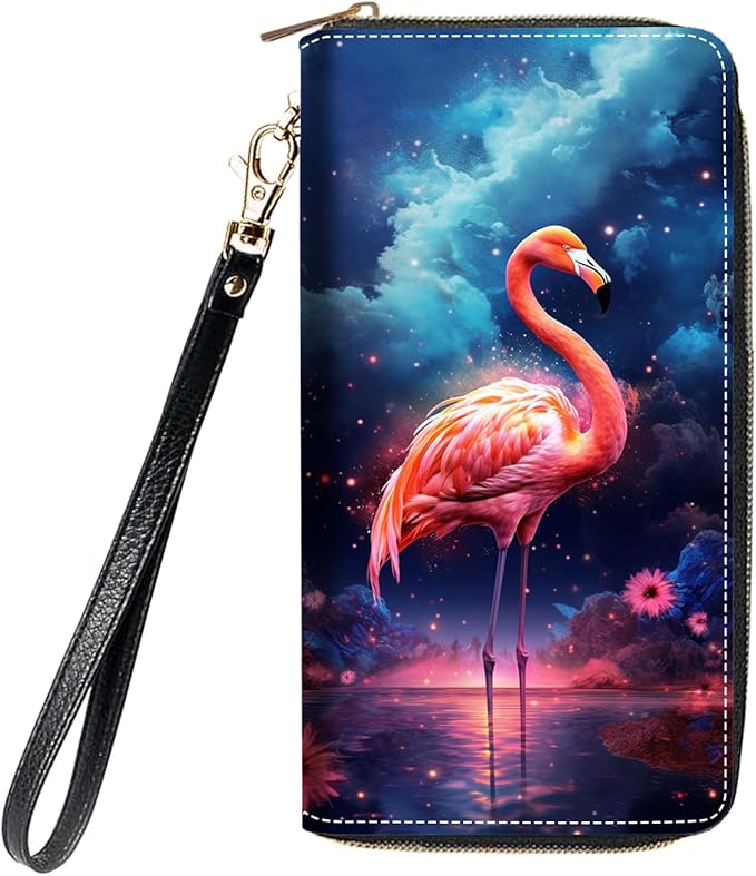 Women's Large Capacity Wallet, Portable PU Leather Zipper Wallet for Smart Phone/Card/Coin/Cash, Multifunctional Clutch Wallet with Removable Wristlet Strap - Flamingo