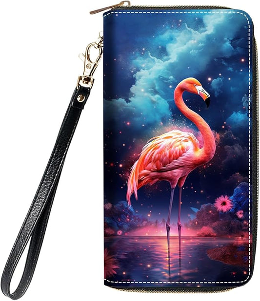 Women's Large Capacity Wallet, Portable PU Leather Zipper Wallet for Smart Phone/Card/Coin/Cash, Multifunctional Clutch Wallet with Removable Wristlet Strap - Flamingo