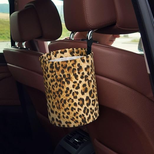 Car Garbage Bag Brown Leopard Mini Car Trash Bin Portable Collapsible Waterproof Rubbish Bag for Car Accessories Back Front Seat Cup Holder