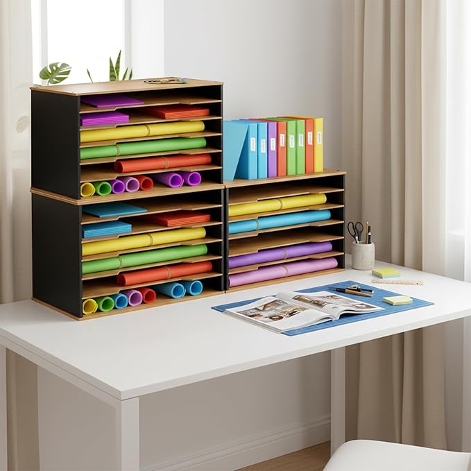 Wooden Paper Organizer 20.25"W x 12.25"H x 13.25"D, 6-Tier Storage for 12"x18" & 11"x17" Sheets, Includes Matching Pen Holder & Tray, Ideal for Office, Home, Art Room and Classroom