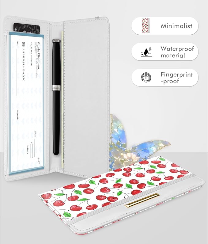 Printed Checkbook Cover, RFID Blocking Checkbook, Stylish, Lightweight, Slim Durable, Multi-Functional Checkbook Holder for Personal and Business Checks (Cherry)