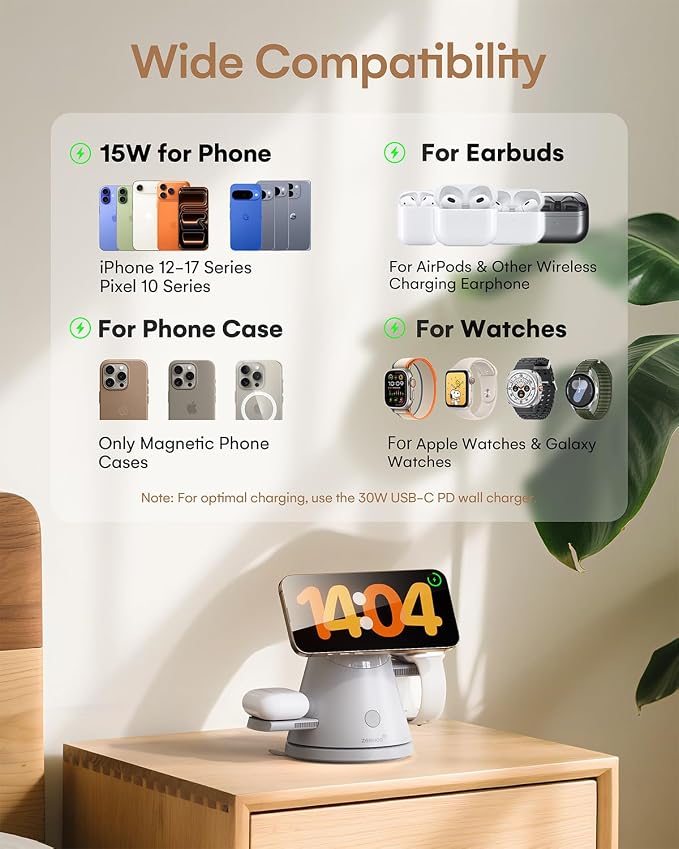 ZEEHOO 3 in 1 Charging Station for Apple Devices,Qi2 Mag-Safe Charger Stand&Light,Fast Wireless Charging Station for iPhone 17/16/15/14/13/12&AirPods&iWatch&Pixel 10& Samsung Galaxy Watch-30W Adapter