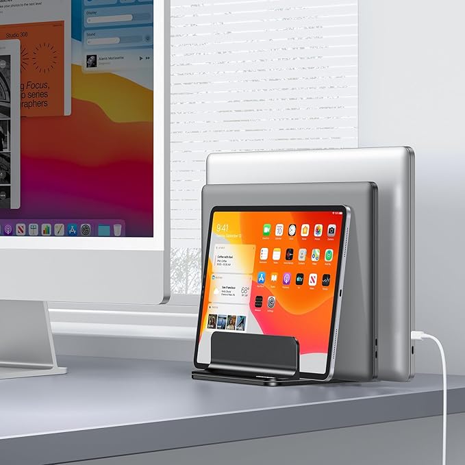 OMOTON Vertical Laptop Stand [Updated 3-Slots Version], Desktop Aluminum Mac Book Stand with Adjustable Dock Size, Fits All Mac Book, Surface, Chrome Book and Gaming Laptops (Up to 17.3 inch), Black