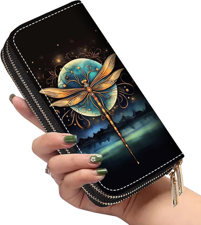 Women's Large Capacity Wallet PU Leather Double Zipper Clutch Purse Multifunctional Wallet with Removable Wristlet Strap for Smart Phone/Coin/Card/Cash - Dragonfly
