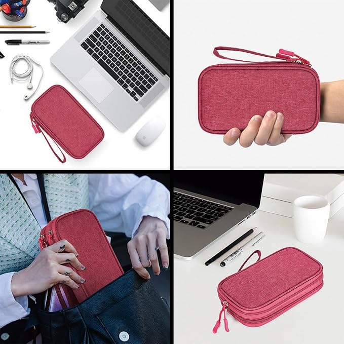CAAORDKSO Small Cable Organizer Bag, Charger Organizer Case Pouch Travel Bag, Waterproof Electronics Accessories Case for USB, Cable, Cord, Charger, Phone, Power Bank, Earphone (Rose Red, Medium)