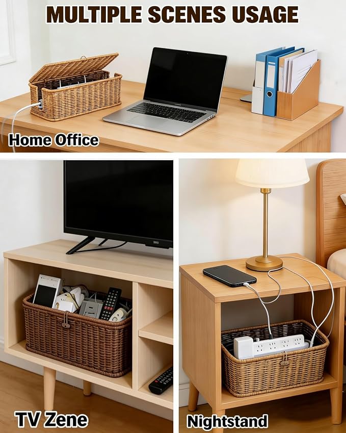 Handwoven Rattan Cable Management Box, Basket to Hide Cords, Open Slots Hider Boxes, Wicker Charging Station Storage Box, For Desk Outlet Covers for Power Strip TV Pc Router(Coffee L)