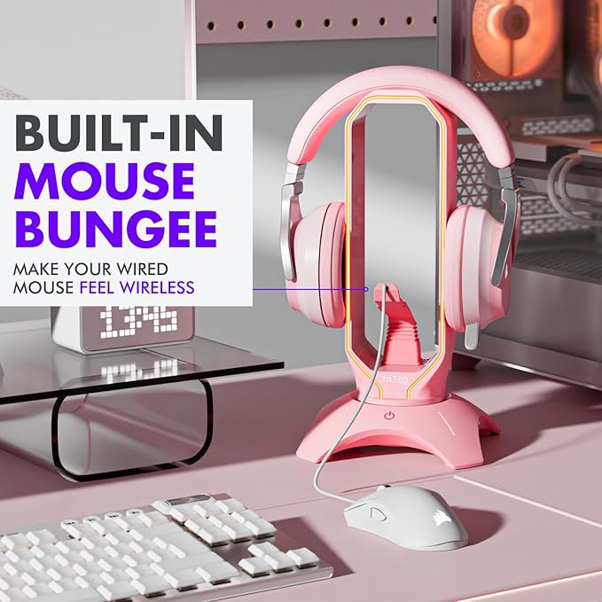 Tilted Nation Cute Headphone Stand Pink | Headset Stand with RGB, Mouse Bungee Holder, and 2 Port USB Hub Charger - Desk Gaming Accessories