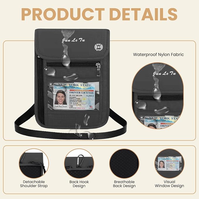 Passport Holder for Travel, RFID Passport Wallet with Visual Window Design, Multifunctional Document Organizer, Waterproof Travel Pouch Neck Wallet for Men and Women, Iron Grey