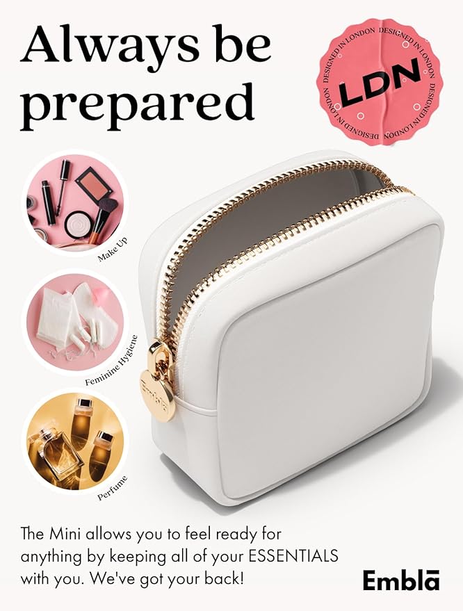 Embla Small Makeup Bag for Purse, Mini Waterproof Nylon Cosmetic Pouch, Durable and Lightweight Travel Toiletry Bag with Smooth Zipper, White