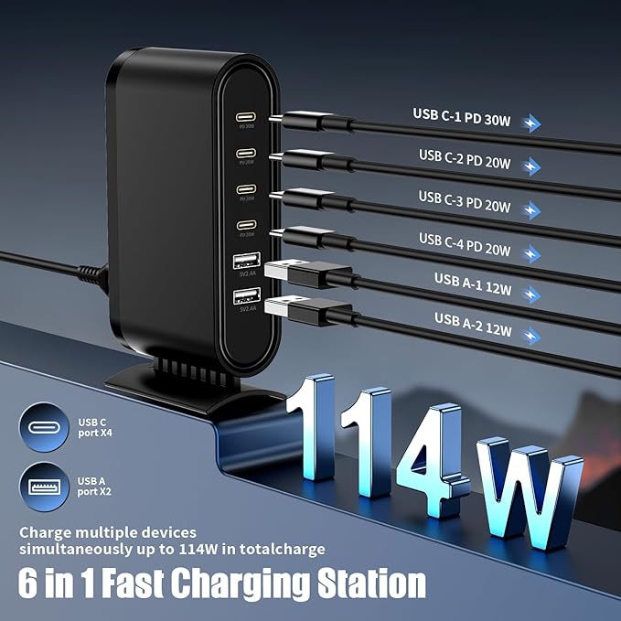 USB C Charger Block Fast Charging Station,6-in-1 Desktop Charger Adapter,USB Laptop Brick Hub for Apple Watch iPhone 17/16 15/14/13/Pro Max,iPad Air,MacBook,Samsung Galaxy S24+/S23 Ultra,Android