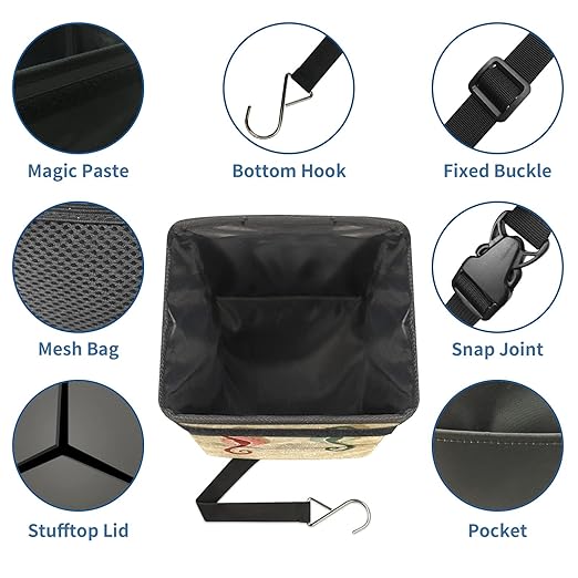Car Trash Can Retro Seahorse Auto Garbage Bag Car Trash Can with Lid Leak-Proof Car Storage Bag Garbage Bag Hanging for Headrest Collapsible and Portable with Storage Mesh Pocket