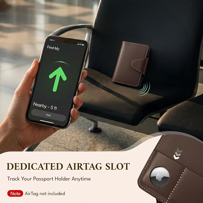 ALLIVE Passport Holder for Travel, Genuine Leather Passport Wallet with Built-in AirTag Slot, Magnetic Closure RFID Blocking Passport Cover Case for Women Men, Travel Essentials Gifts (Coffee Brown)