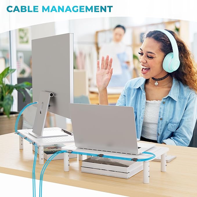BONTEC Monitor Stand 2 Pack Height Adjustable Metal Riser with Pen Holder, White, 14.5??x 9.1?? Ergonomic Desktop Stand for Computer, Printer, Laptop, Adjustable Desk Riser with Cable Management