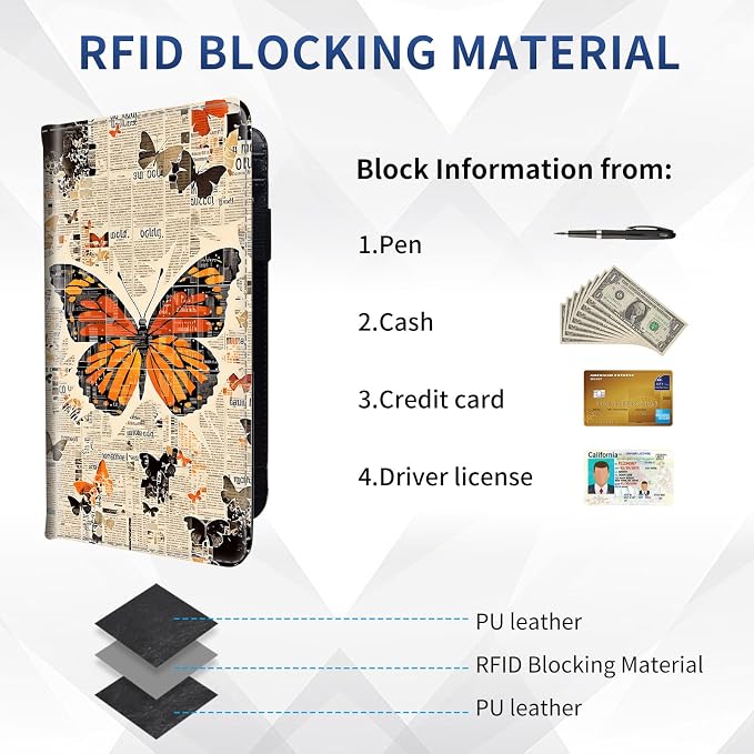 DEGDFSGR Checkbook Cover PU Leather Checkbook Covers for Women for Duplicate Checks, Check Book Covers with RFID Blocking Function for Personal Checkbook, Newspaper Collage Butterfly