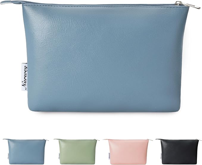 Narwey Small Makeup Bag for Purse Small Cosmetic Bag Women PU Leather Travel Makeup Pouch Zipper Pouch (Greyish Blue)
