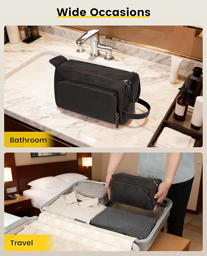 Vorspack Genuine Leather Toiletry Bag for Men - Water Resistant Travel Bag for Toiletries, Essentials, Accessories - Dark Brown