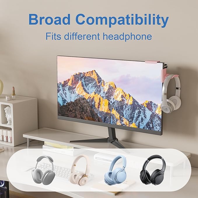 Headphone Holder for Screen, Plastic Headphone Stand, Headset Stand Suitable for AirPods Max, Sony, Bose, Beats and More (Pink)