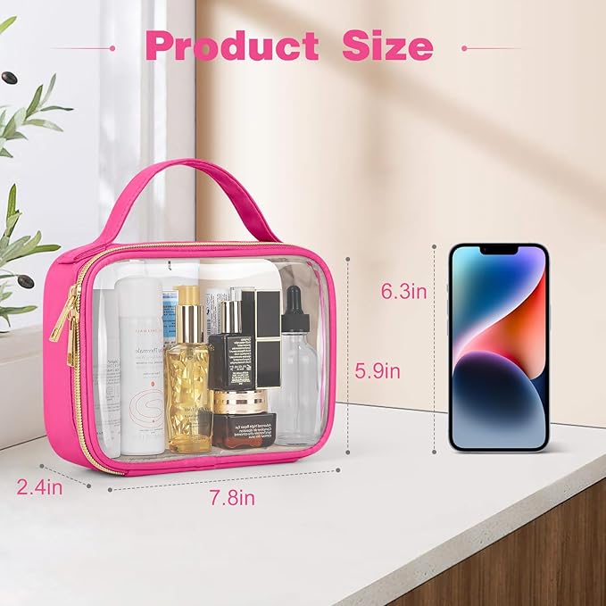 Wedama TSA Approved Toiletry Bag, 3 Pack Clear Makeup Bags with Handles, Quart Size PVC Clear Cosmetic Bags for Women and Men, Carry on Airport Airline Compliant Bag, Rose Red