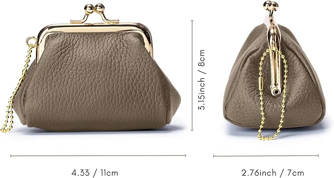 Genuine Leather Coin Purse for Women, Cute Mini Lipstick Holder Case, Small Vintage Kiss Lock Jewelry Storage Organizer Change Bag Pouch (Dark Khaki)