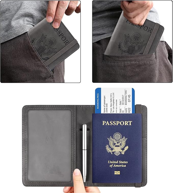 ACdream RFID BLOCKING Passport Holder Travel Wallet - Premium PU Leather Cover Passport book with Card Holder, Pen Slot, Keep Organization, and Travel Essentials for Women and Men - Grey
