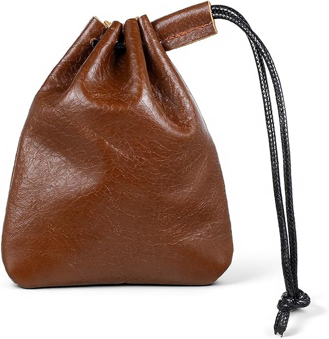 Drawstring Cowhide Bag, Leather Storage Bags, Medieval Coin Purse Organizer, Small Waterproof Pouch Vintage Pouches for Earphone Jewelry Men Women Costume Accessories (Small, Coffee)