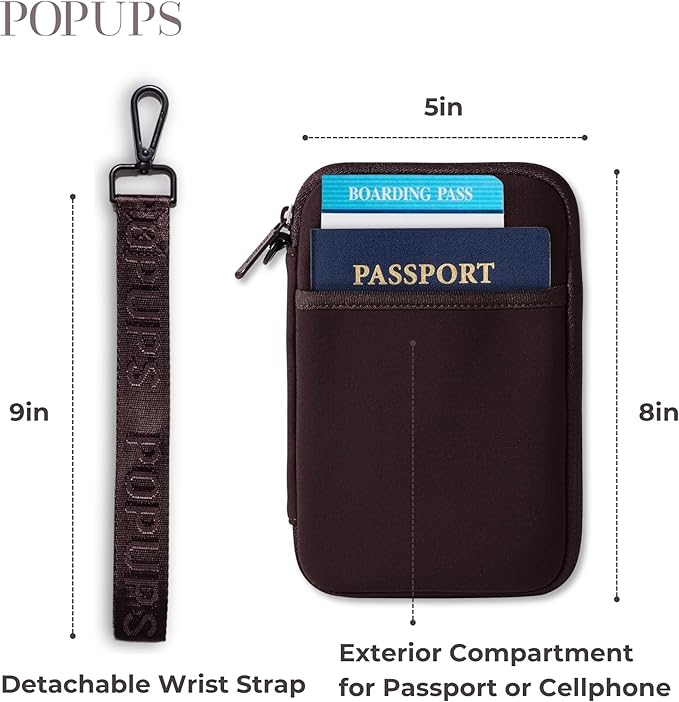 POPUPS Passport Travel Wallet for Women - Large Multiple Document Organizer and Holder with Wristlet - Espresso